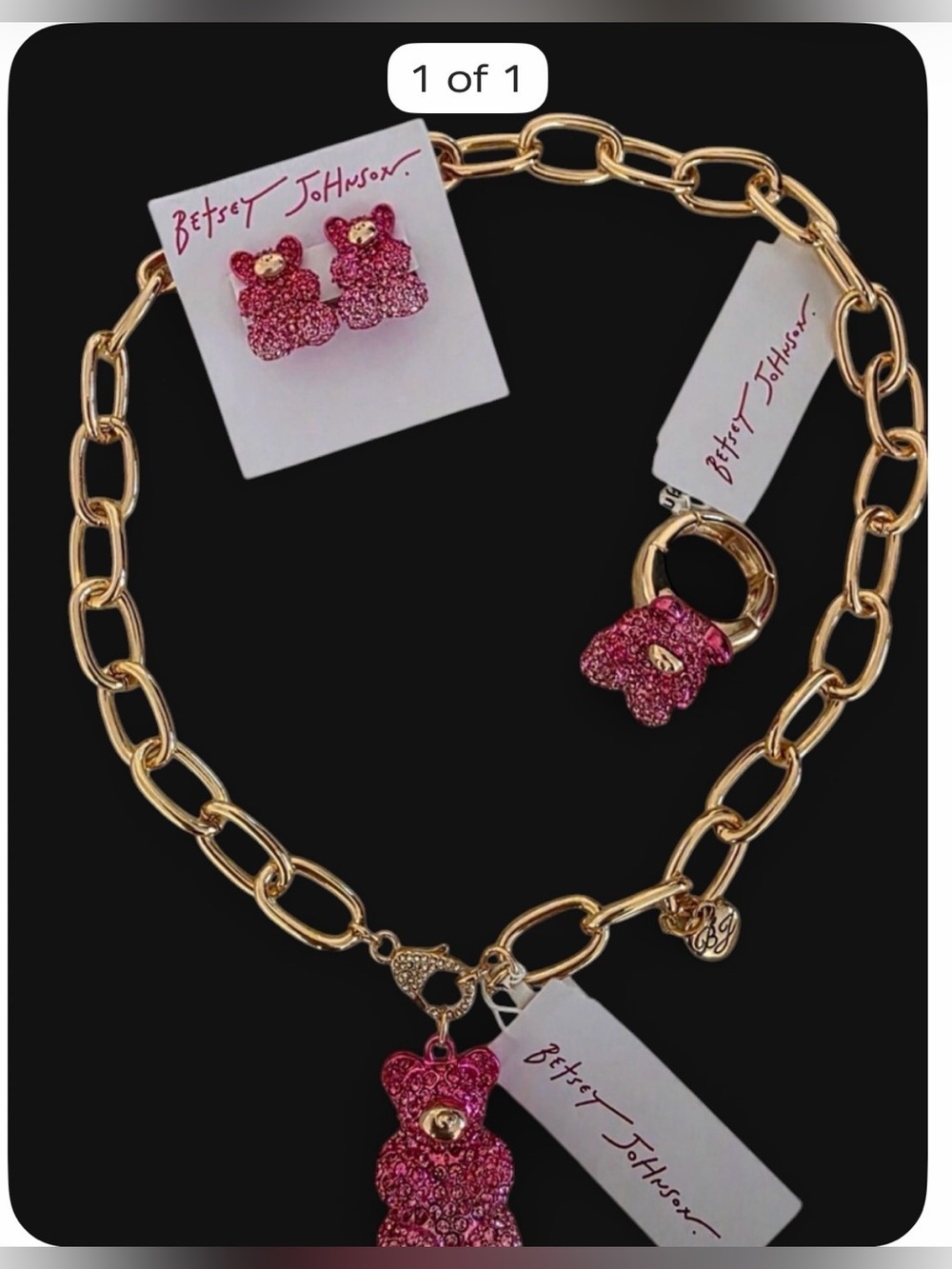 Betsey Johnson Gold Necklace, Earrings and Ring with Pink Crystal Gummy Bear